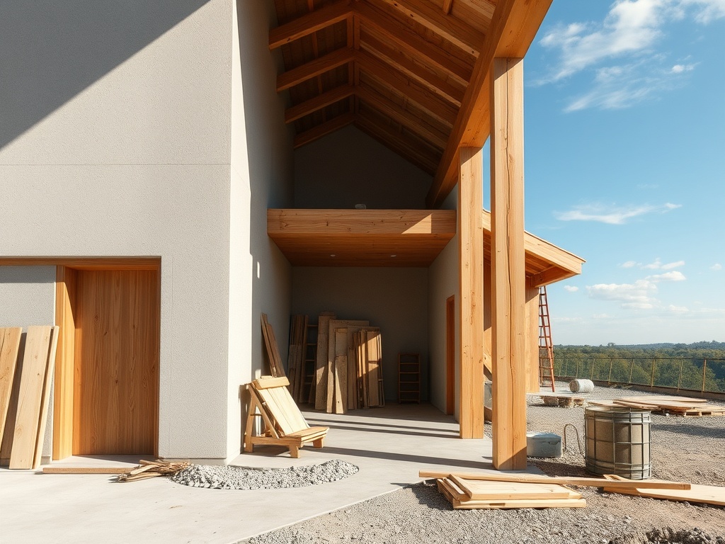 Современный дом с деревянными элементами, строительные материалы и оборудование на площадке. Ясная погода.