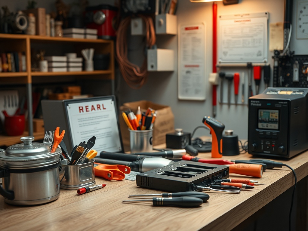 На столе рассыпаны разнообразные инструменты и материалы для работы. Яркое освещение и организованное пространство.