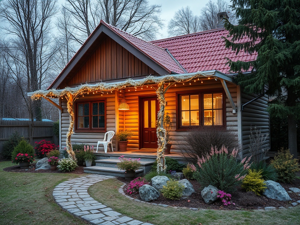 Светлый дом с террасой, украшенный гирляндами, окружённый зеленью и цветами, на фоне вечернего неба.