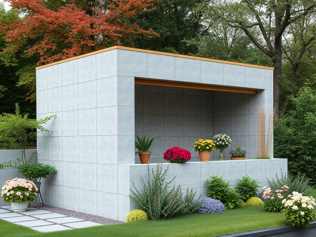 Современная садовая беседка с цветами и зелеными растениями на фоне деревьев.