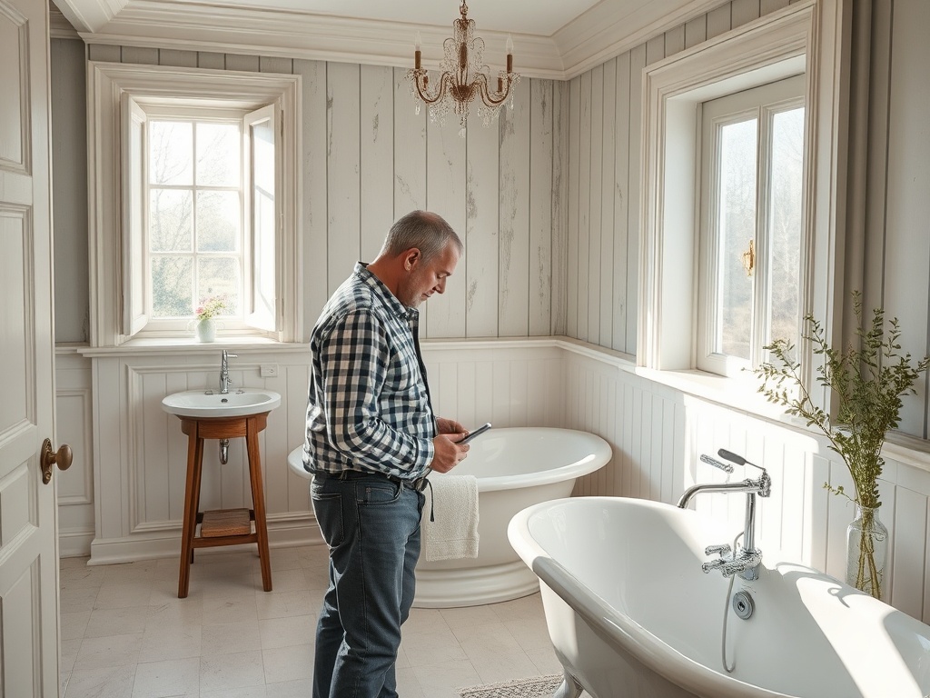 Мужчина с телефоном стоит в светлой ванной комнате с ванной и раковиной, украшенной растением.