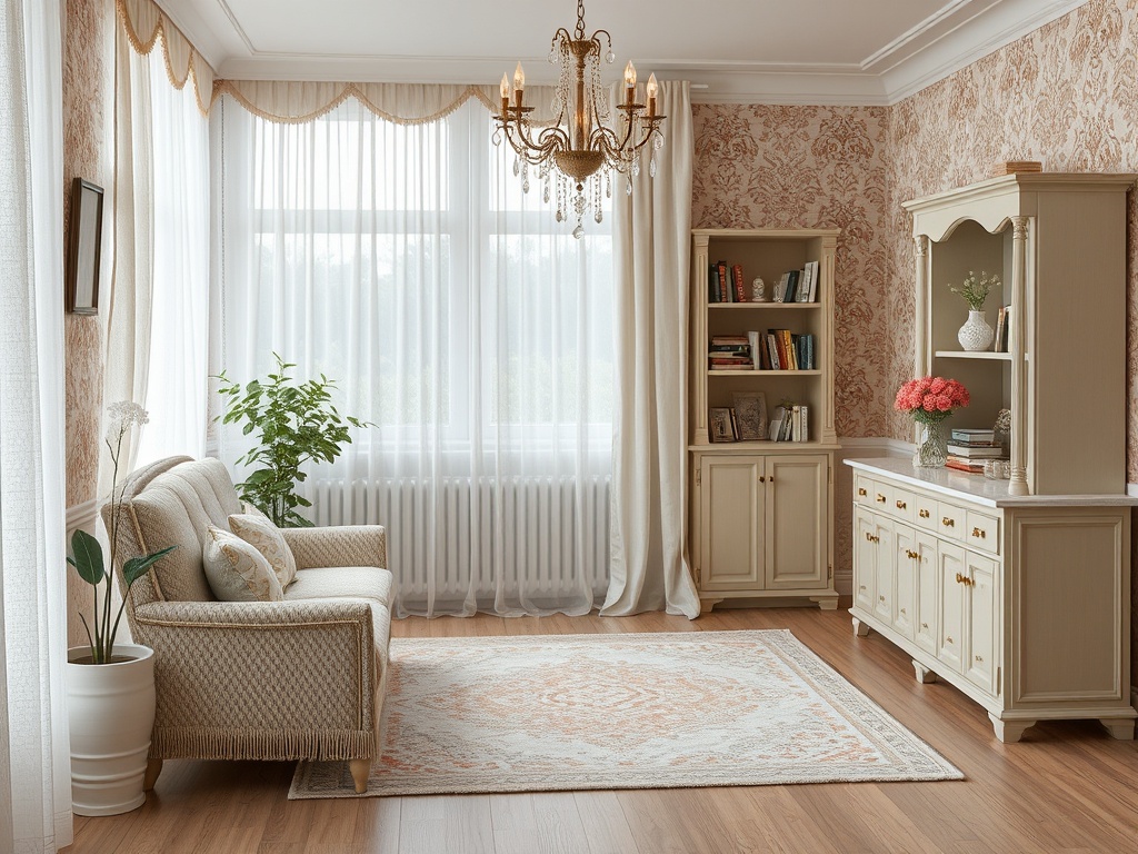 Уютная гостиная с диваном, полками с книгами и люстрой, большой окном и светлыми шторами.