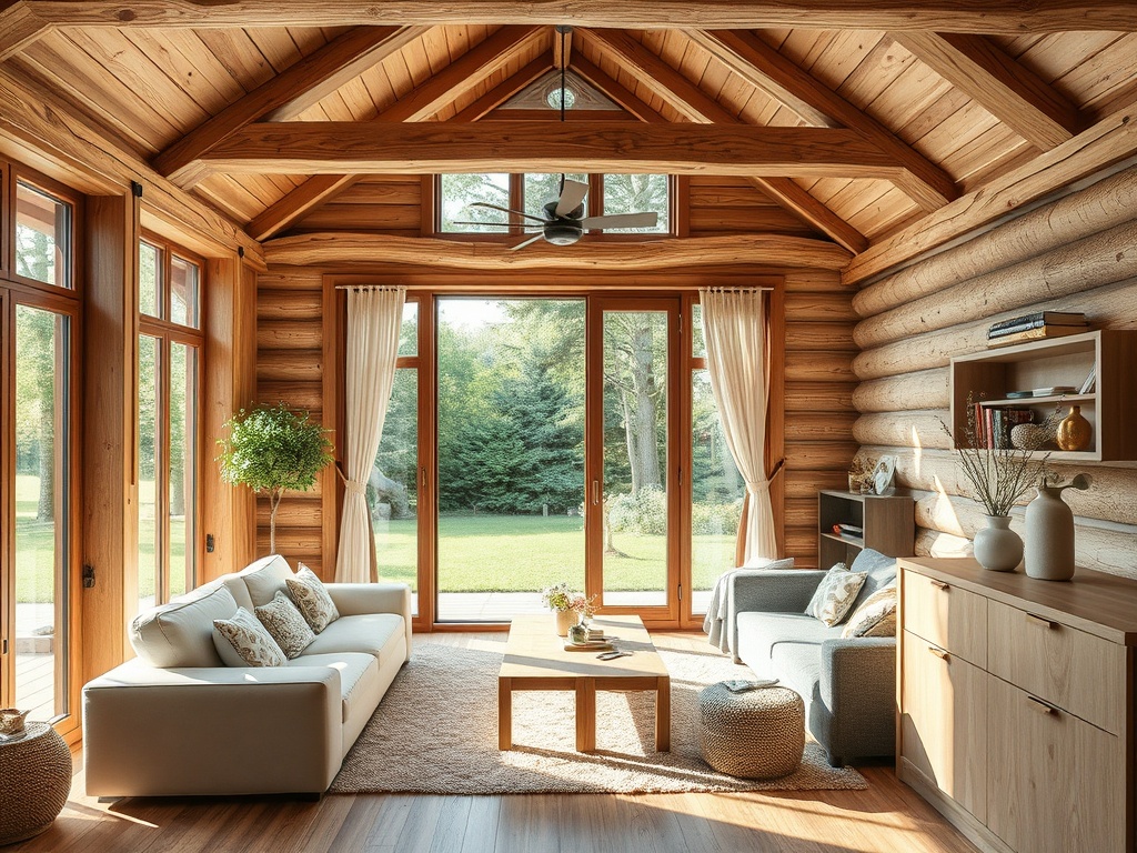 Светлая гостиная с деревянными стенами, большими окнами и уютной мебелью, выходящей на зеленый двор.