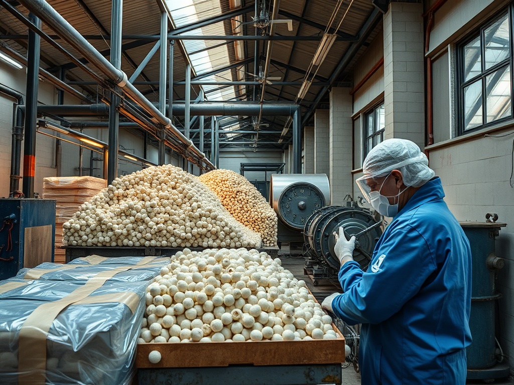 Рабочий в производственном помещении сортирует белые шарики, вероятно, из грибов или другого сырья.