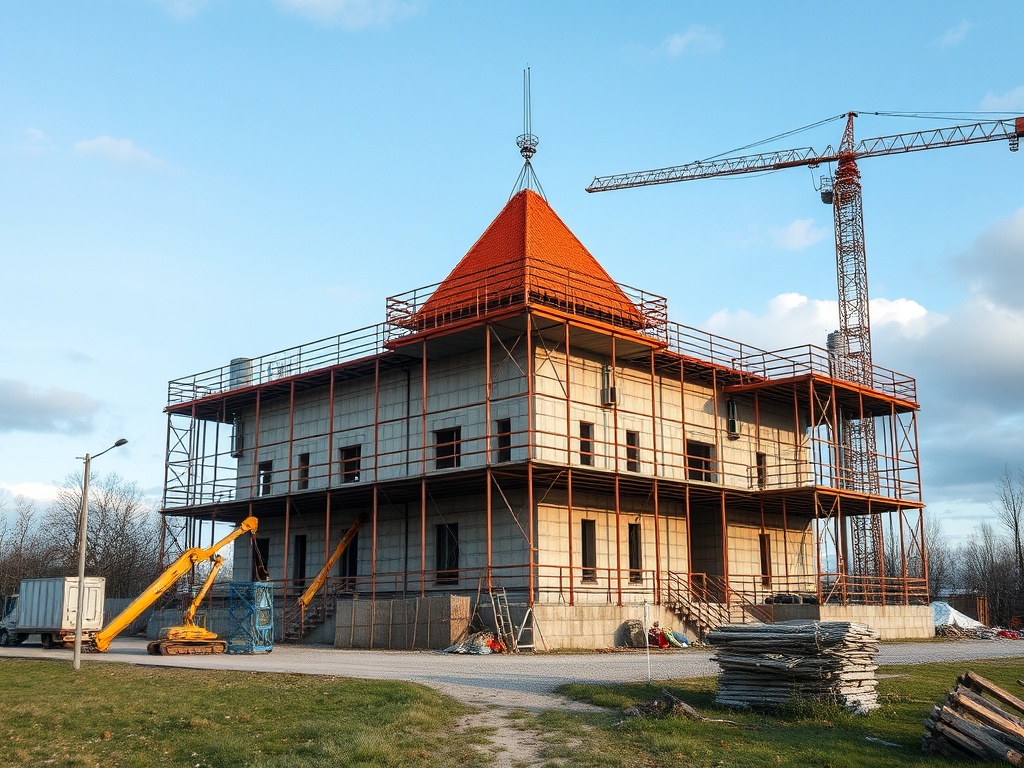 Строящийся дом с красной крышей и строительным краном на фоне ясного неба.