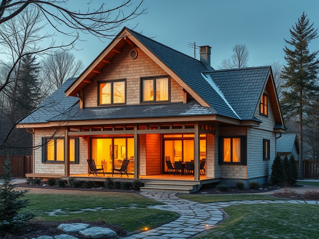 Уютный дом с деревянной отделкой и окнами, светящимися теплым светом на фоне вечернего неба.