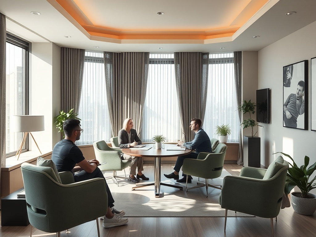 В современном офисе проходит деловая встреча. Трое человек обсуждают проект за круглым столом.