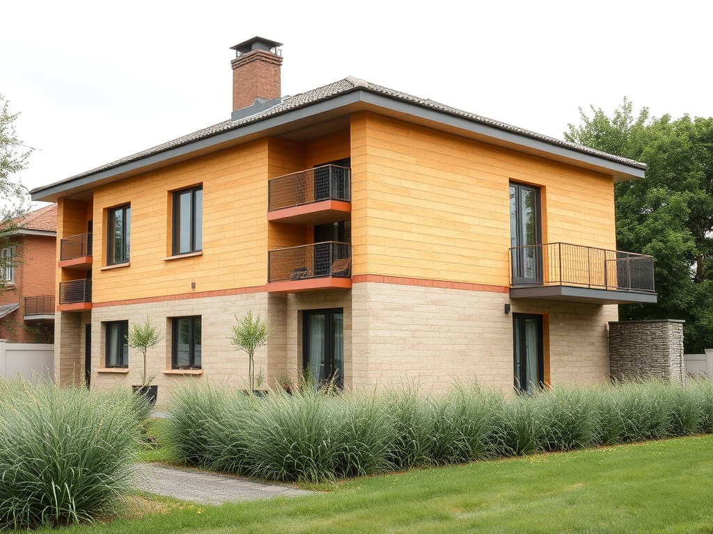 Современный двухэтажный дом с балконами и зеленым ландшафтом вокруг.