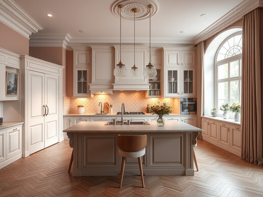 Современная кухня с белыми шкафами, большим островом и окнами, украшенными шторами и цветами.