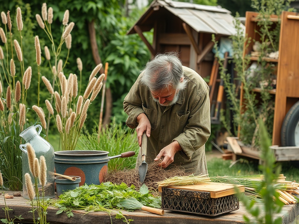 Старший мужчина работает в саду, обрабатывая землю среди зелени и растений. Рядом находятся инструменты.