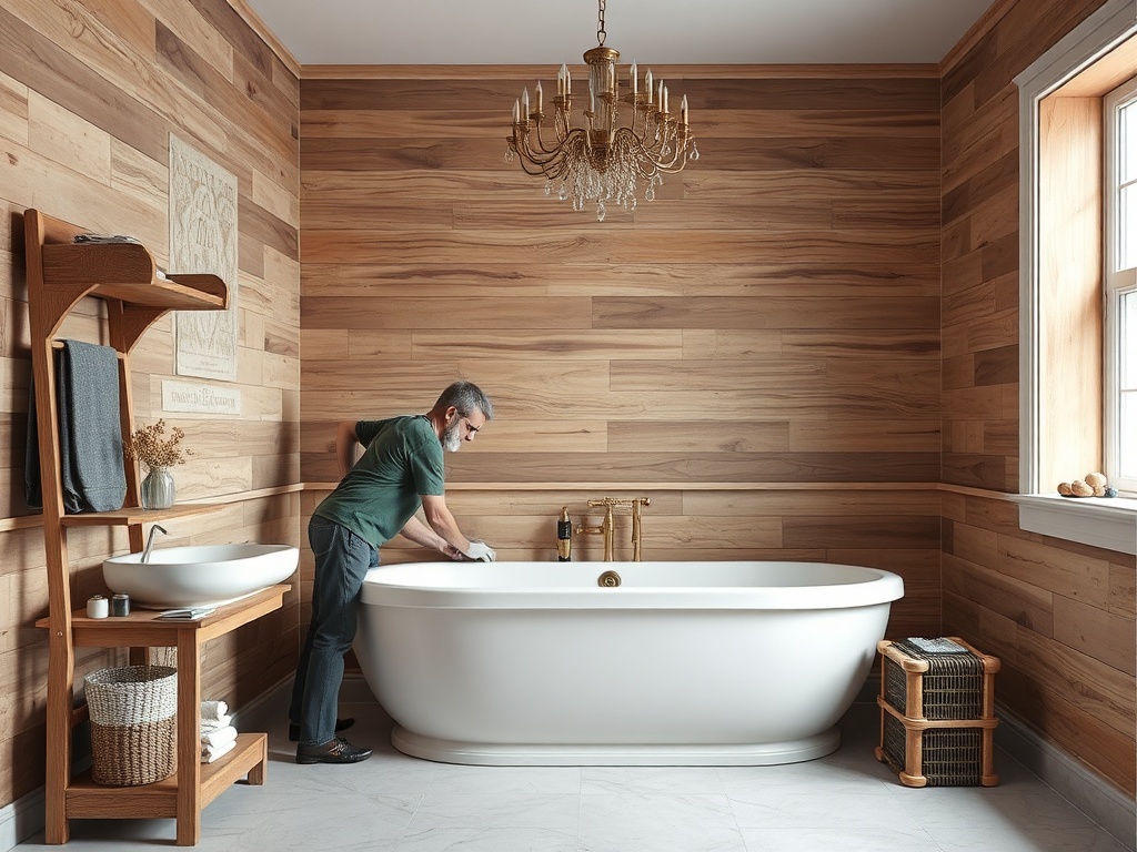 Мужчина убирает ванну в элегантной ванной комнате с деревянными стенами и люстрой.