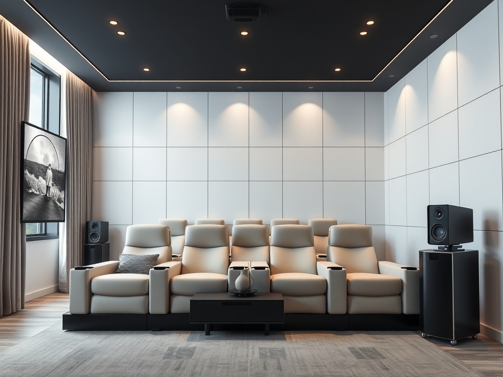 Современный кинотеатр с комфортабельными креслами и акустикой, большим экраном и стильным дизайном.