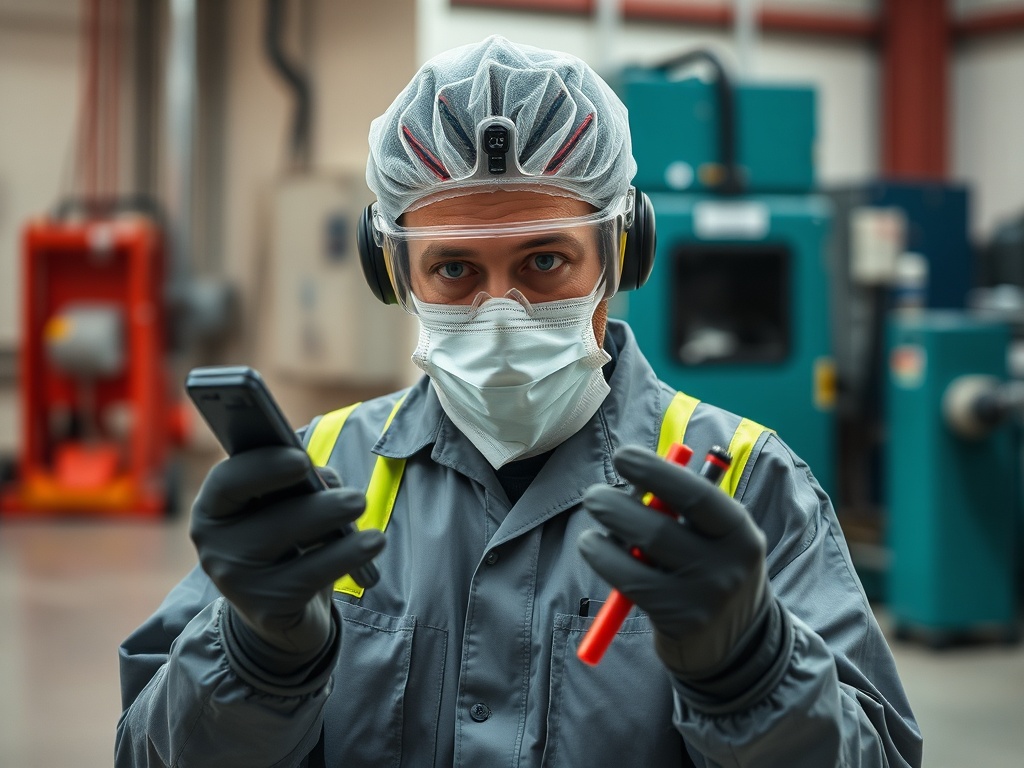 На изображении работник в защитной одежде, маске и наушниках держит мобильный телефон и фломастеры.