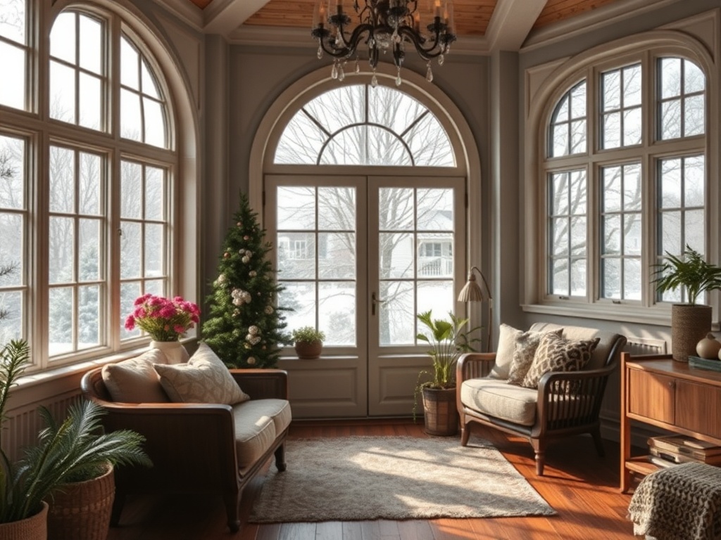 Комфортная комната с большими окнами, рождественской елкой и уютной мебелью у окна. Снег за окном.