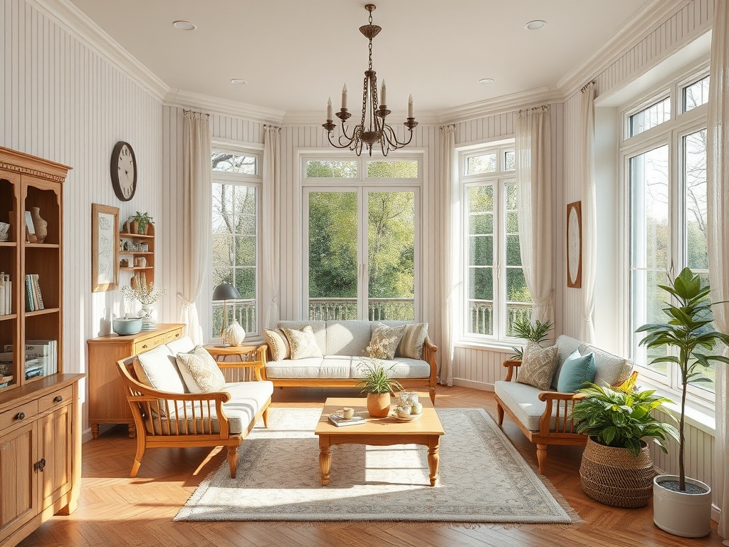 Светлая гостиная с большими окнами, деревянной мебелью и зелеными растениями на полу.