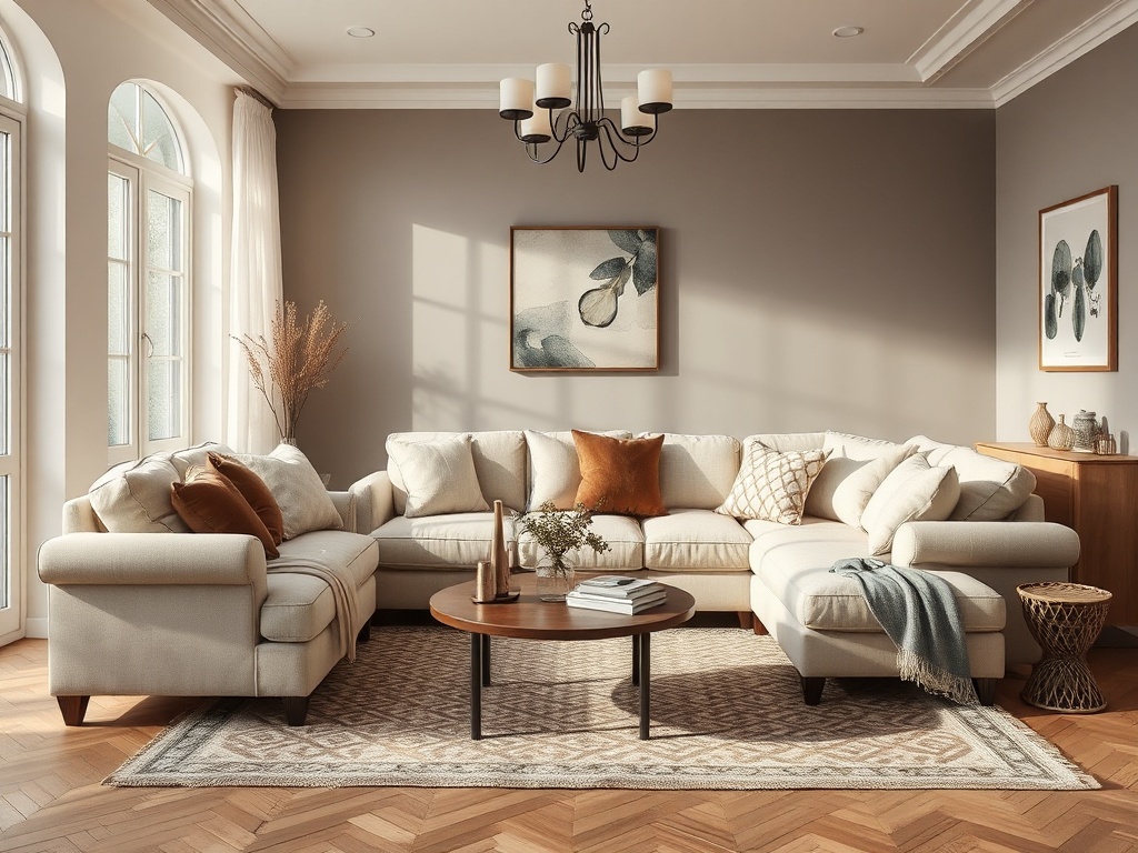 Современная гостиная с угловым диваном, журнальным столиком и картинами на стенах. Яркий и уютный интерьер.