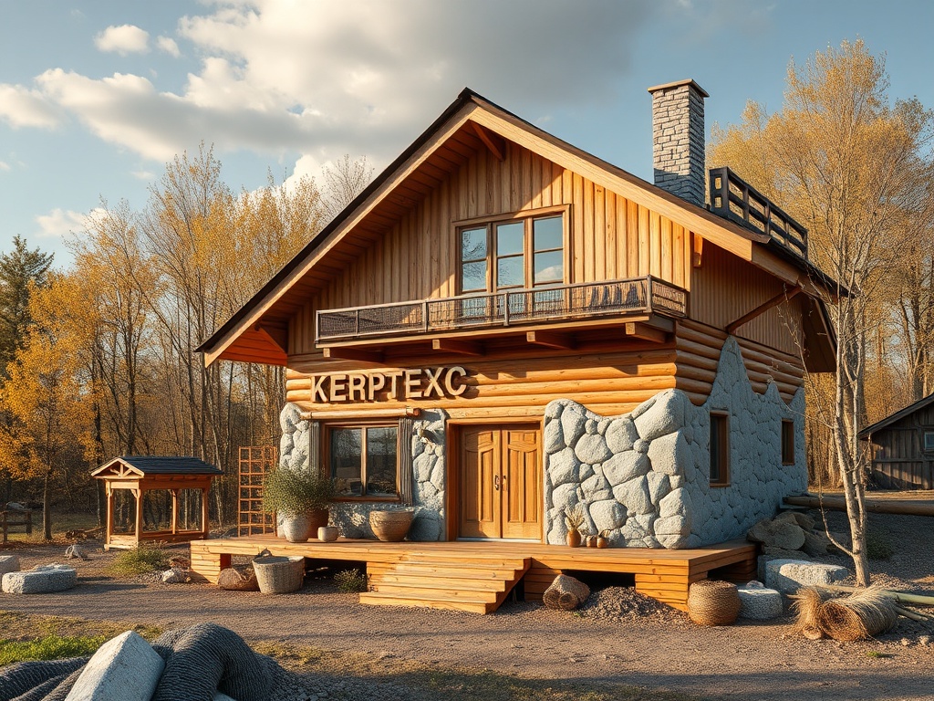 Деревянный дом с каменной отделкой, окружённый деревьями и уютной природой. Яркие цвета осени.