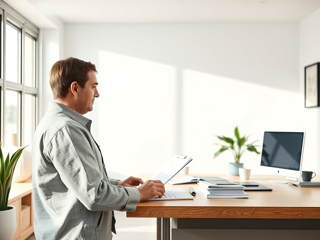 Мужчина стоит за столом в офисе, читает документы, рядом компьютер и растения. Солнечный свет проникает в помещение.