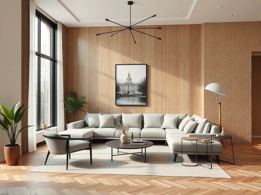 Современная гостиная с угловым диваном, столиками и растениями на фоне деревянных стен и больших окон.