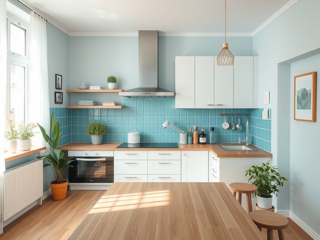 Светлая кухня с голубыми стенами, деревянным столом и зелеными растениями на подоконнике и полках.