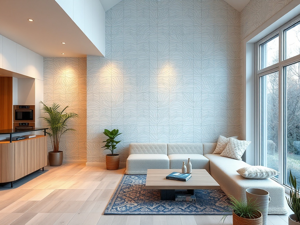 Современный интерьер с угловым диваном, кофе-столом и растениями, большими окнами и светлыми стенами.