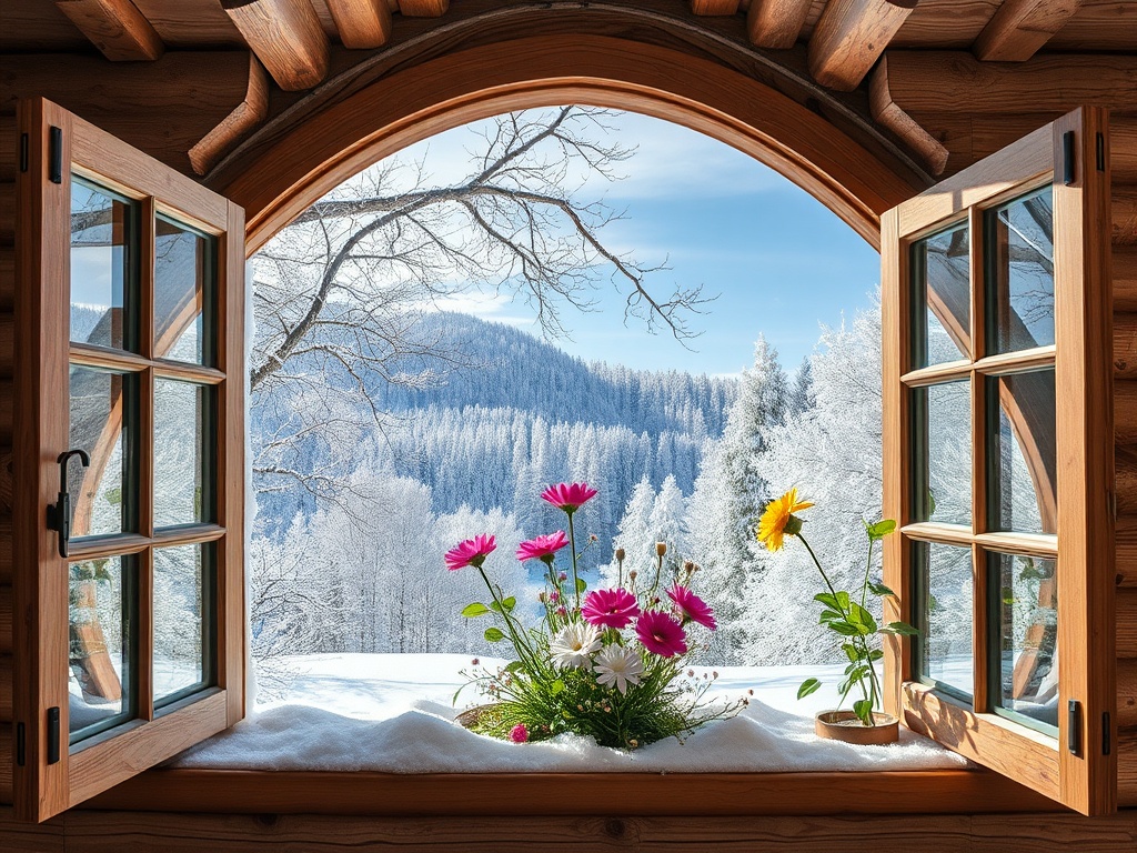 Окно деревянного дома, за которым зимний пейзаж. На подоконнике цветы и снег, яркий контраст с холодом.