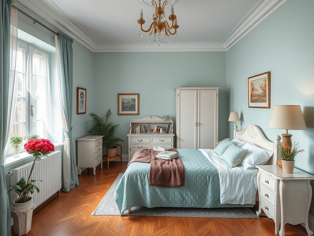 Уютная спальня в светло-голубых тонах с кроватью и мебелью в классическом стиле. Проницает теплый свет.