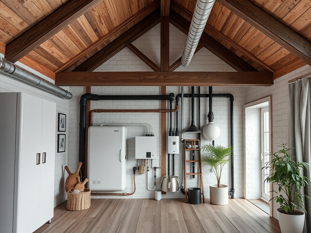 Современный интерьер с открытыми деревянными балками, белым холодильником и растениями в горшках.