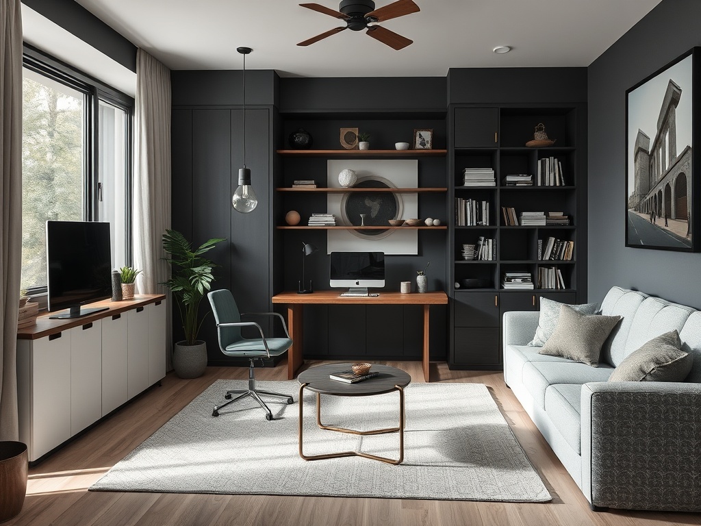 Современный интерьер с рабочим местом, диваном, полками и телевизором, оформленный в нейтральных тонах.