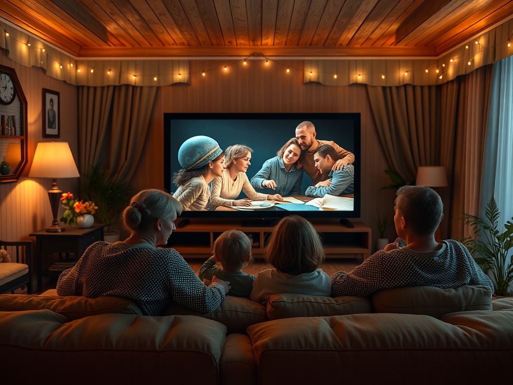 Семья сидит на диване, наслаждаясь просмотром чего-то интересного на телевизоре в уютной обстановке.