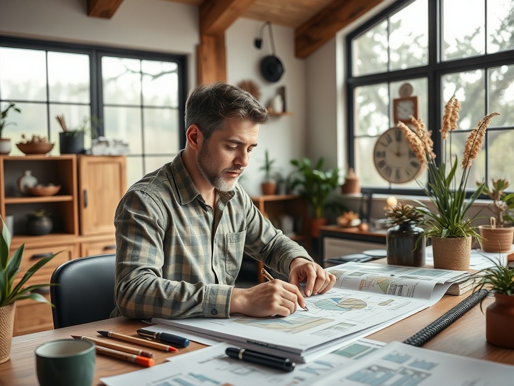 Мужчина сидит за столом, изучая чертежи, окружённый растениями и уютным интерьером.
