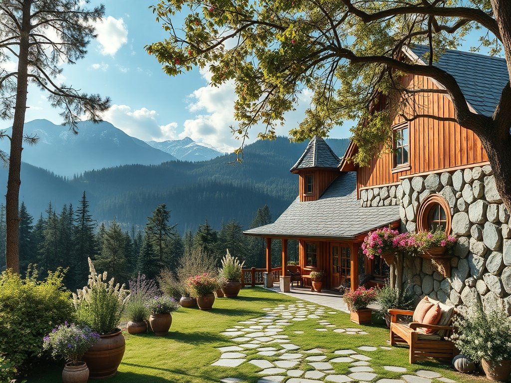 Уютный дом с каменной отделкой на фоне гор, окруженный зелеными деревьями и цветами. Спокойное место для отдыха.