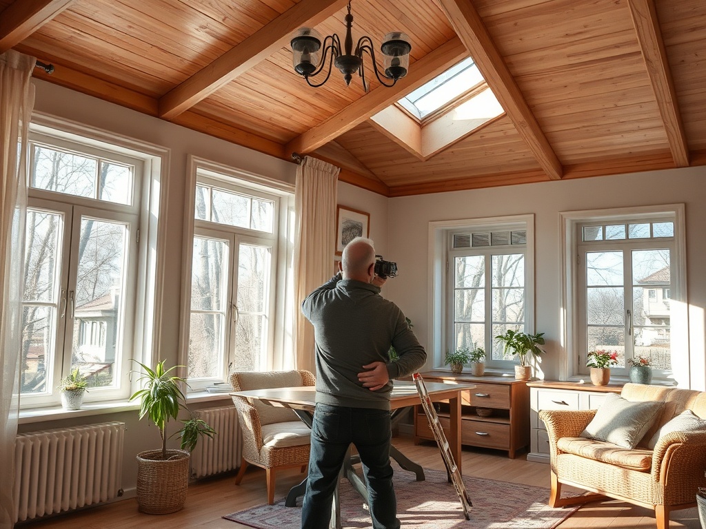 Фотограф в уютной комнате с большими окнами, снимает интерьер при ярком солнечном свете.