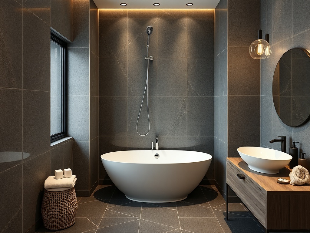 Современная ванная комната с белой круглой ванной и стильной отделкой, включающей серые плитки и дерево.