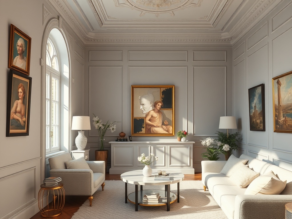 Светлая комната с уютной мебелью и картинами на стенах, большие окна, уютная атмосфера.