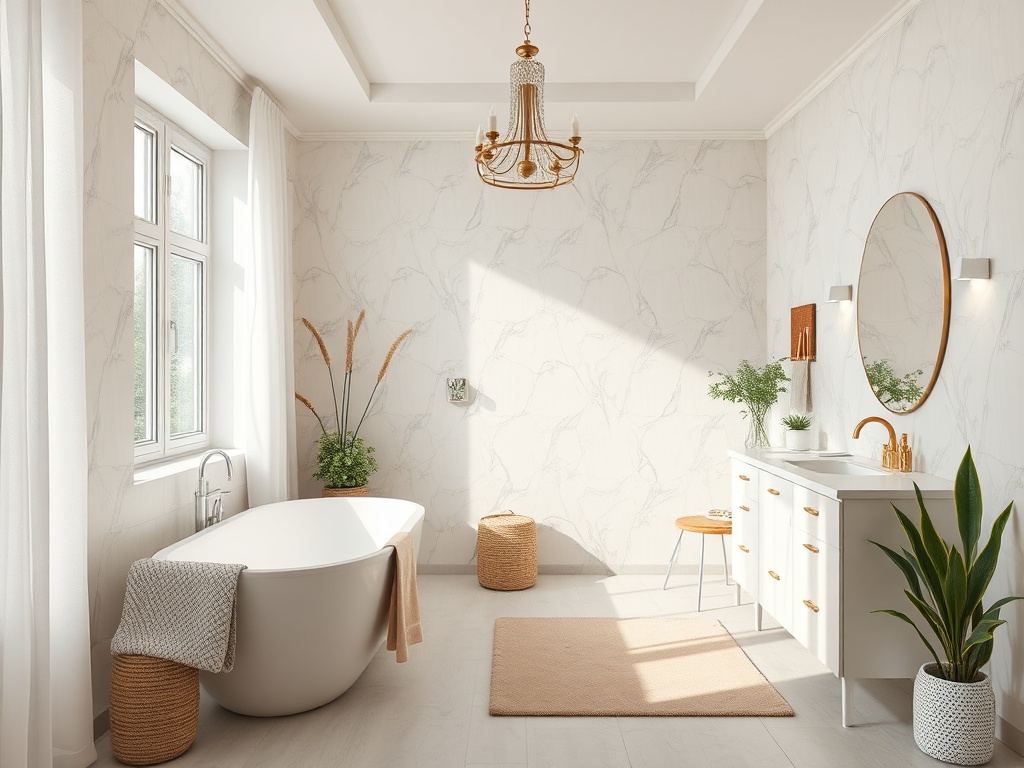 Светлая ванная комната с ванной, раковиной и зелеными растениями, оформленная в современном стиле.