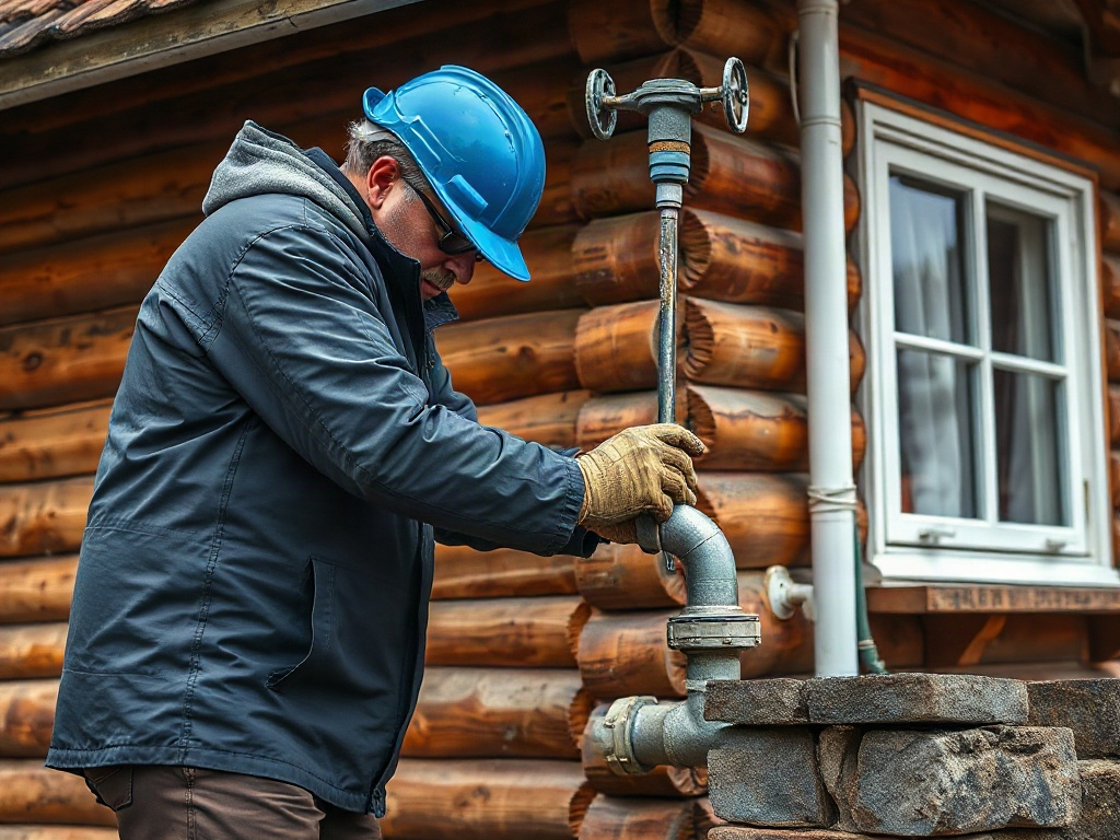 Мужчина в каске проверяет водопроводный кран на фоне деревянного дома.
