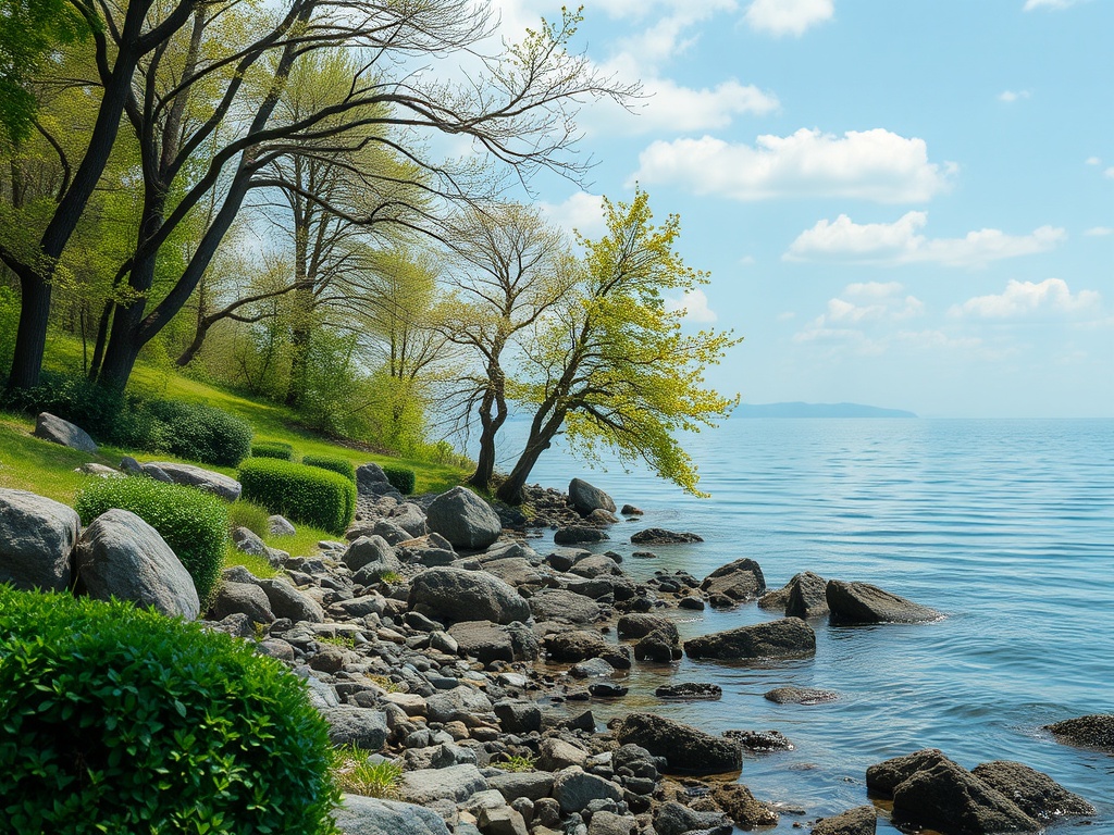 На берегу спокойного водоема растут деревья, вокруг камни и зелень. Ясное небо и легкие облака.