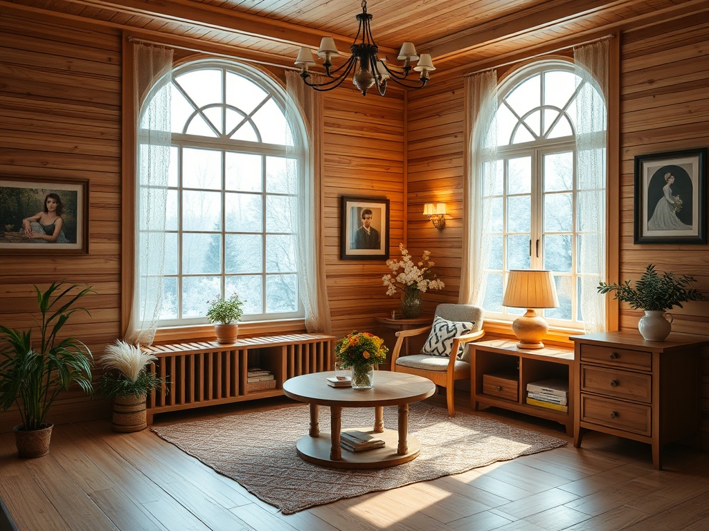 Уютная комната с деревянными стенами, большими окнами и стильной мебелью, украшенная цветами и картинами.