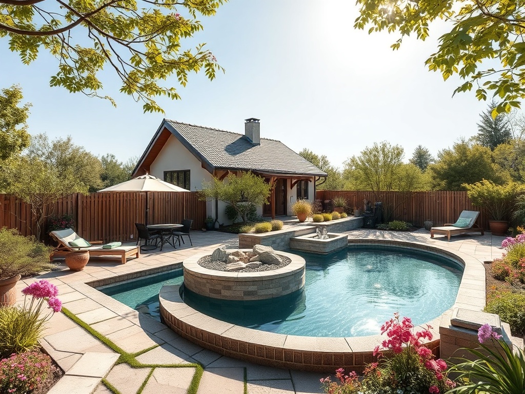 Красивый загородный дом с бассейном и ухоженным садом. Цветы, деревья и меблированная зона отдыха.