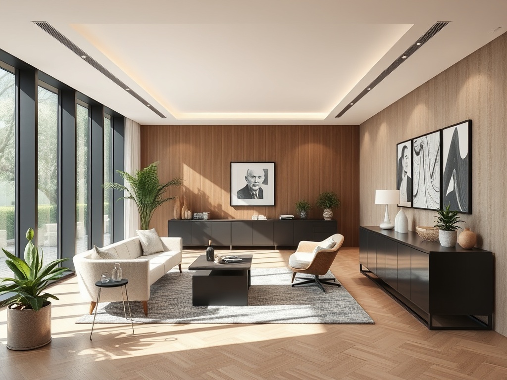 Современная гостиная с большими окнами, стильной мебелью и зелеными растениями. Уютная обстановка для отдыха.